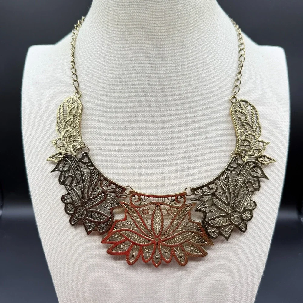 Antique Gold Tone Filigree Floral Bib Necklace Boho Statement Festival Jewelry